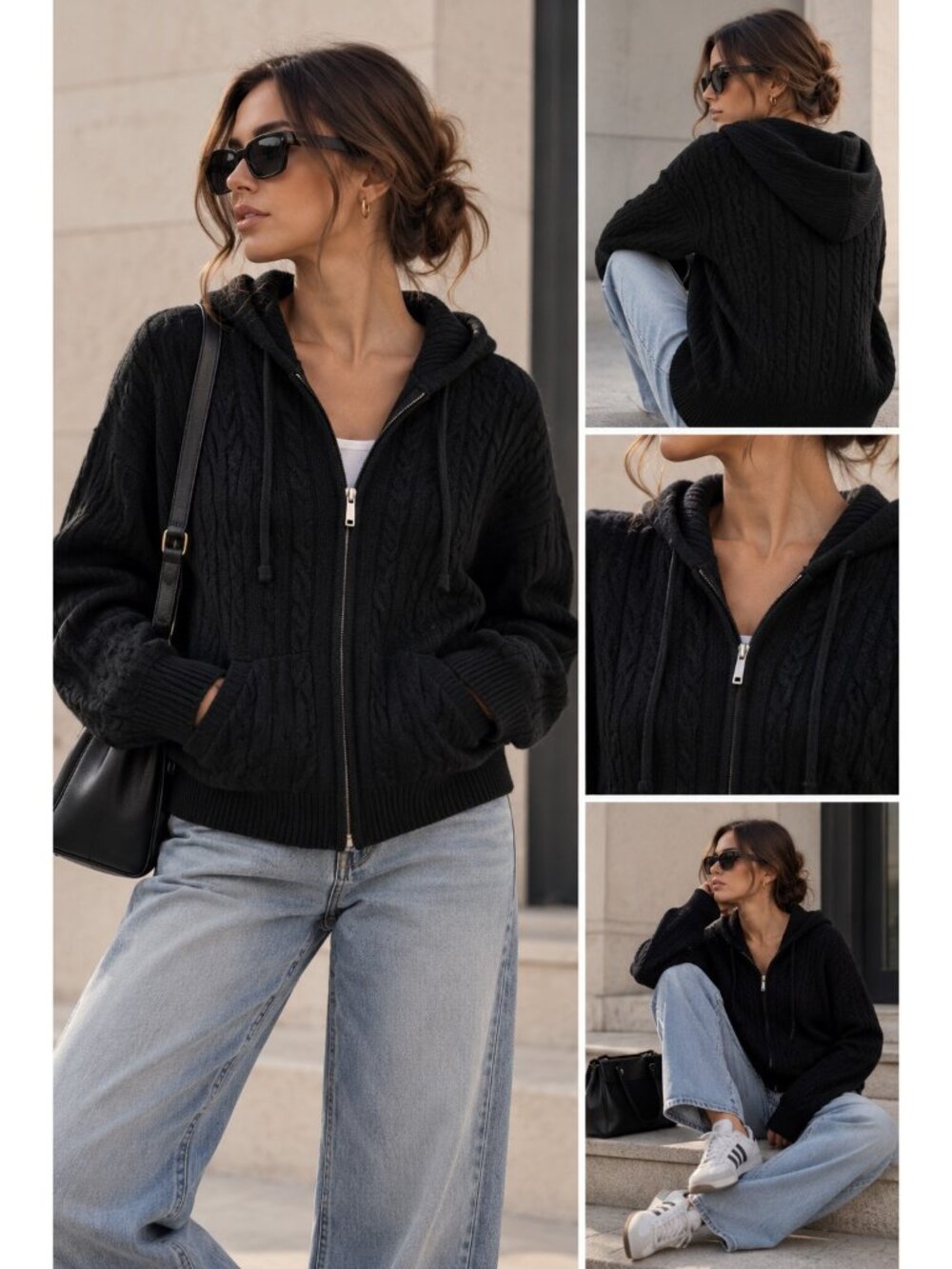 AQUA 100% Cashmere Cable Knit Zip Hoodie Black Sweater Size L